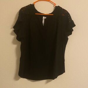 New York & Company Black Lace Shoulder Ruffle Sleeve Blouse